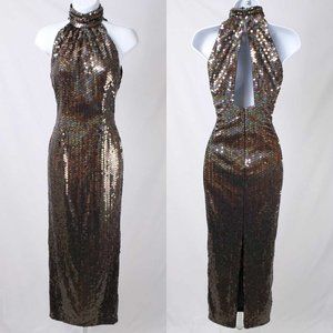 Adrianna Papell Gold Sequins High Neck Gown